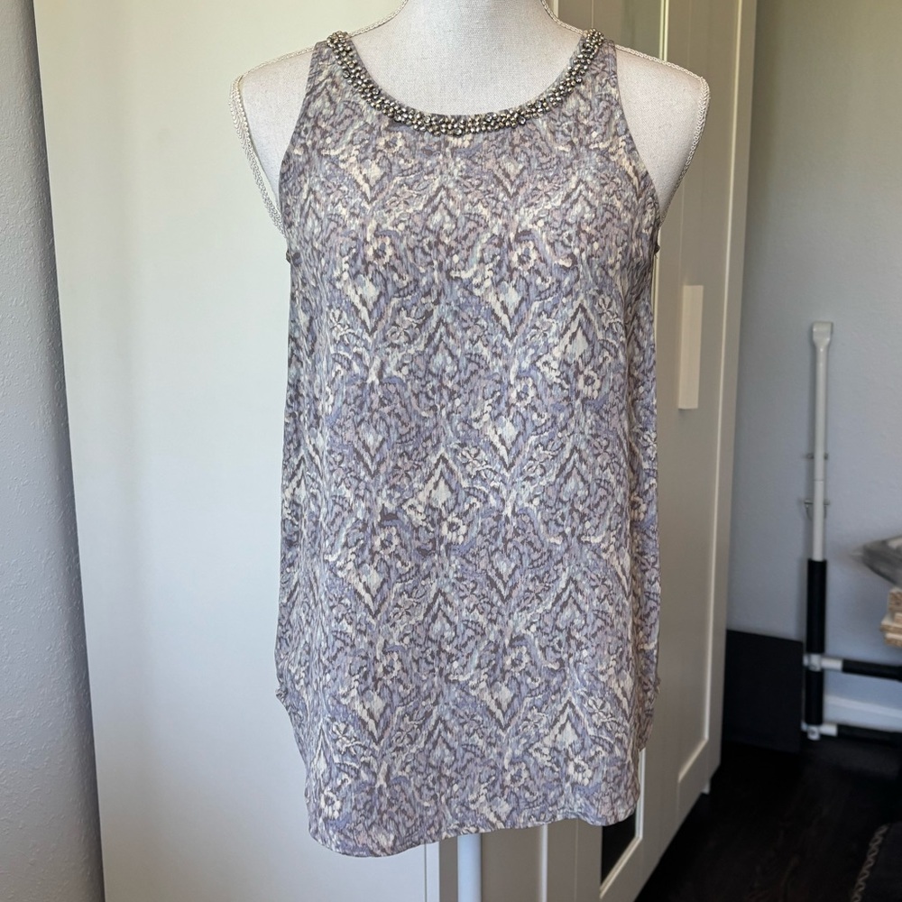 CYNTHIA ROWLEY Silk Patterned Sleeveless Top with Embellished Collar